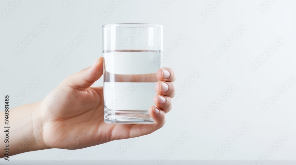 A Health concept. Horizontal banner image, on foreground caucasian female hand holds glass of clear water give to camera smiling selective close up focus. A Health concept. Horizontal banner image, on foreground caucasian female hand holds glass of clear water give to camera smiling selective close up focus.