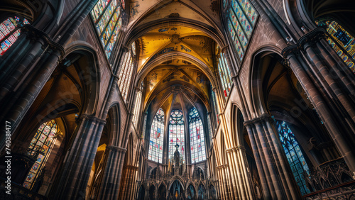 Sacred Light: Interior View of an Antique Cathedral with Stained Glass