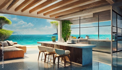 futuristic organic architecture design  luxury and modern kitchen with ocean view  fictional architecture