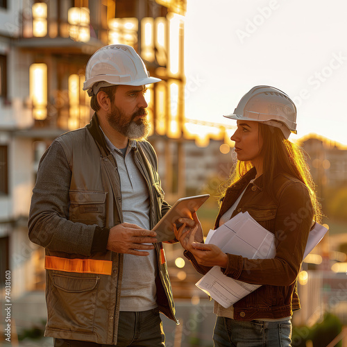 Caucasian Male Engineer Using Tablet And Talking To Hispanic Female Architect On Construction Site Of Real Estate Project. Colleagues Discussing Building Plan Of Apartment Complex During Golden Hour.