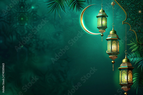 Arabic lantern with burning candle and moon on dark green background. Islamic holiday banner. Ramadan Kareem, Raya Hari. Eid Mubarak. Festive greeting card, baner, invitation with copy space