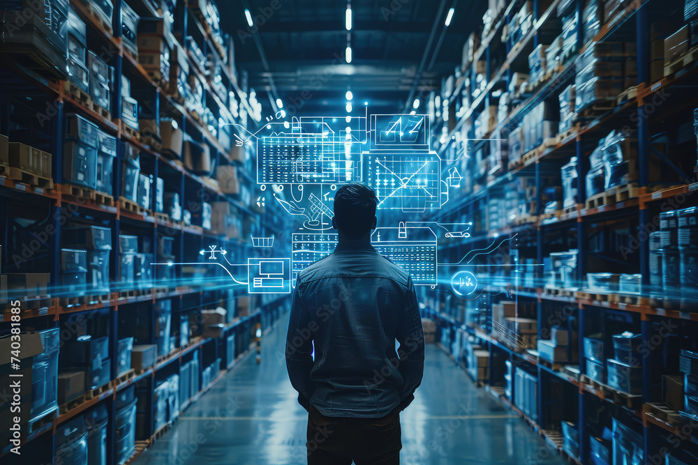 Futuristic Technology Retail Warehouse: Worker Doing Inventory Walks when Digitalization Process Analyzes Goods, Cardboard Boxes, Products with Delivery Infographics in Logistics, Distribution Center Futuristic Technology Retail Warehouse: Worker Doing Inventory Walks when Digitalization Process Analyzes Goods, Cardboard Boxes, Products with Delivery Infographics in Logistics, Distribution Center