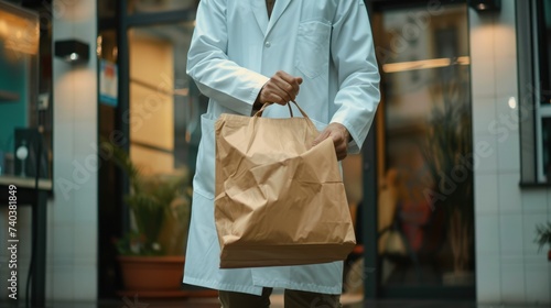 Person in White Coat Holding Brown Bag