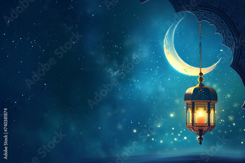 Ornamental Arabic lantern with burning candle and moon on dark blue background. Islamic holiday banner. Ramadan Kareem, Raya Hari. Eid Mubarak. Festive greeting card, baner, invitation with copy space