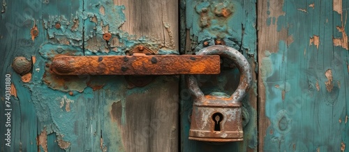 A weathered padlock, covered in rust, hangs from an aged wooden door. The combination of textures and colors creates a nostalgic and rustic scene.