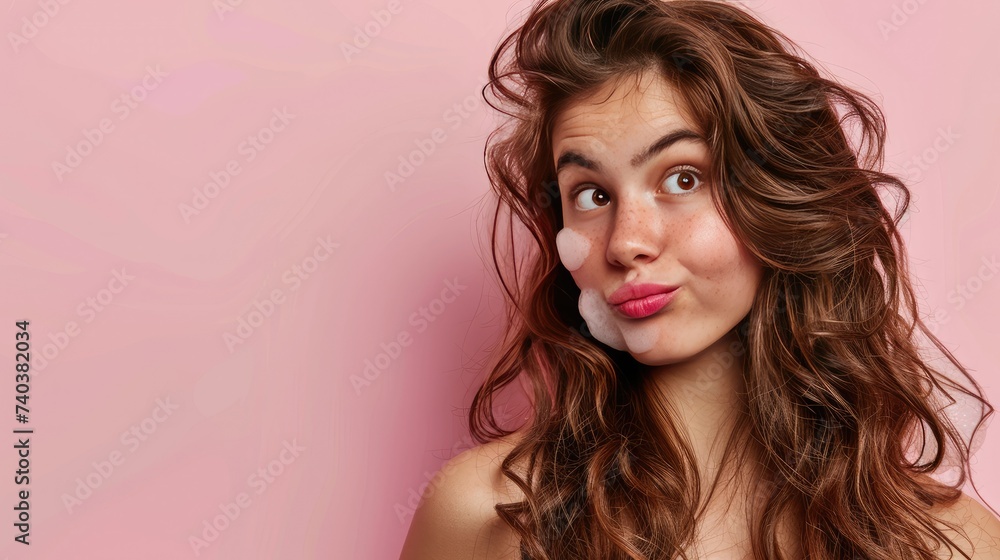 Photo portrait of young brunette with pouted lips wavy hair looking at side with gel foam on soft smooth skin Photo portrait of young brunette with pouted lips wavy hair looking at side with gel foam on soft smooth skin