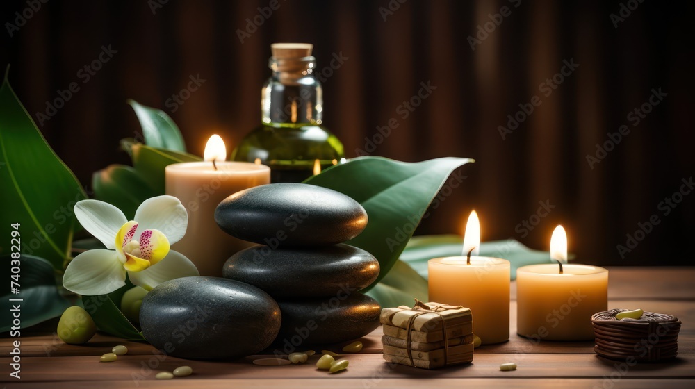A Spa and health care services Decorated with candles, spa stones and salt on a wooden background. White towels with bamboo sticks and candles for relaxing spa massages and body treatments. A Spa and health care services Decorated with candles, spa stones and salt on a wooden background. White towels with bamboo sticks and candles for relaxing spa massages and body treatments.
