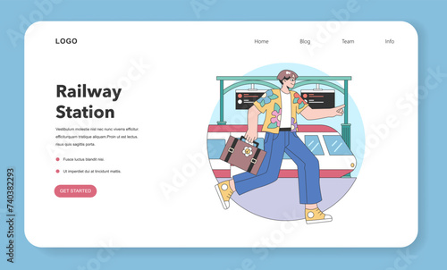 Train trip web banner or landing page. Characters traveling by train.