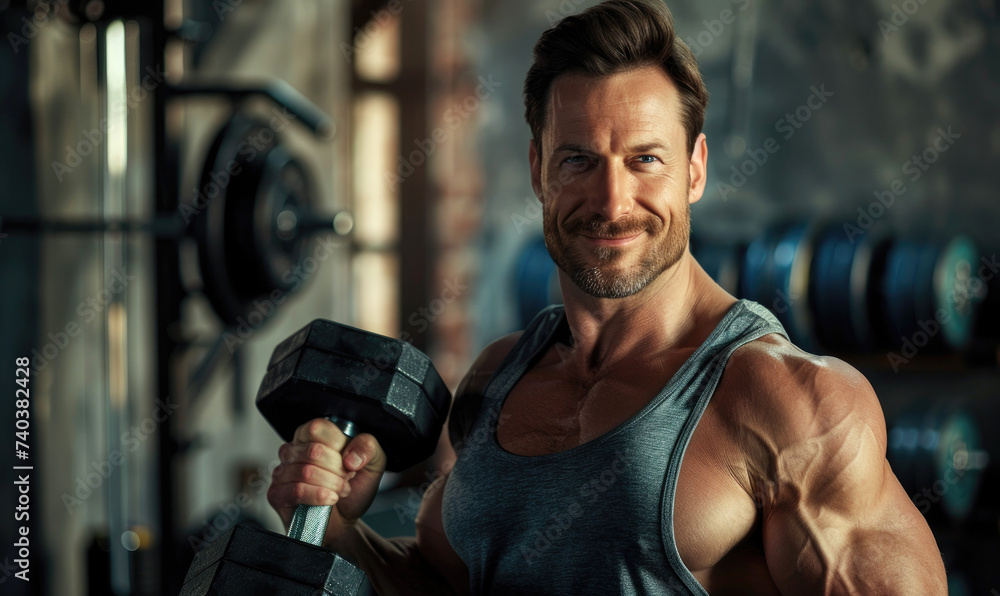 A handsome man with a smile posing holding a dumbbell A handsome man with a smile posing holding a dumbbell