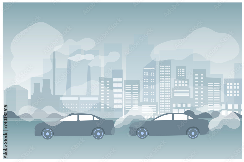 Air pollution, pm 2.5, industry pollution, toxic road smoke clouds and environment pollution,  and vehicle carbon dioxide vector illustration.