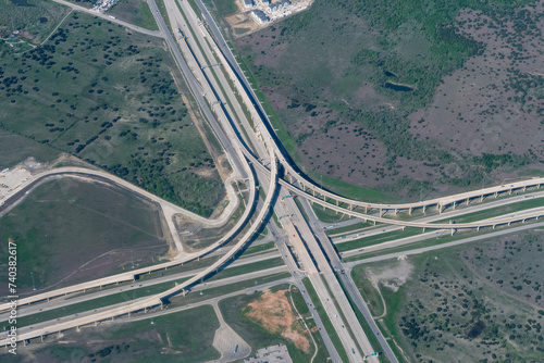 Aerial view of the interchange of Highway 290 and Highway 130 outside of Austin, Texas