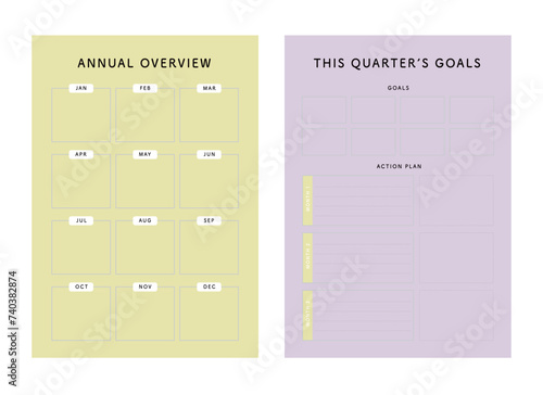 (Pastel spring) Annual overview and This Quarter's Goal planner. Minimalist planner template set. Vector illustration.	