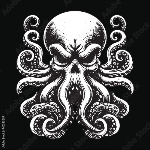 Dark Art Octopus Beast tentacles squid skull horror Tattoo Grunge Vintage Style illustration