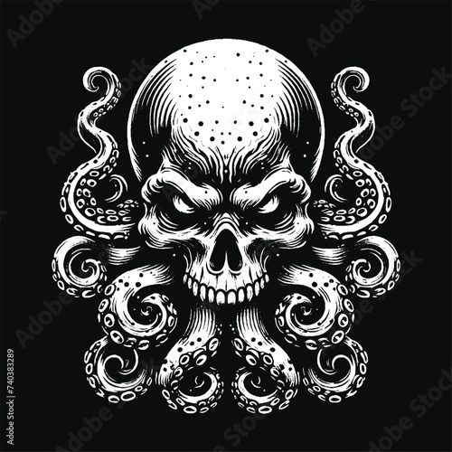 Dark Art Octopus Beast tentacles squid skull horror Tattoo Grunge Vintage Style illustration photo