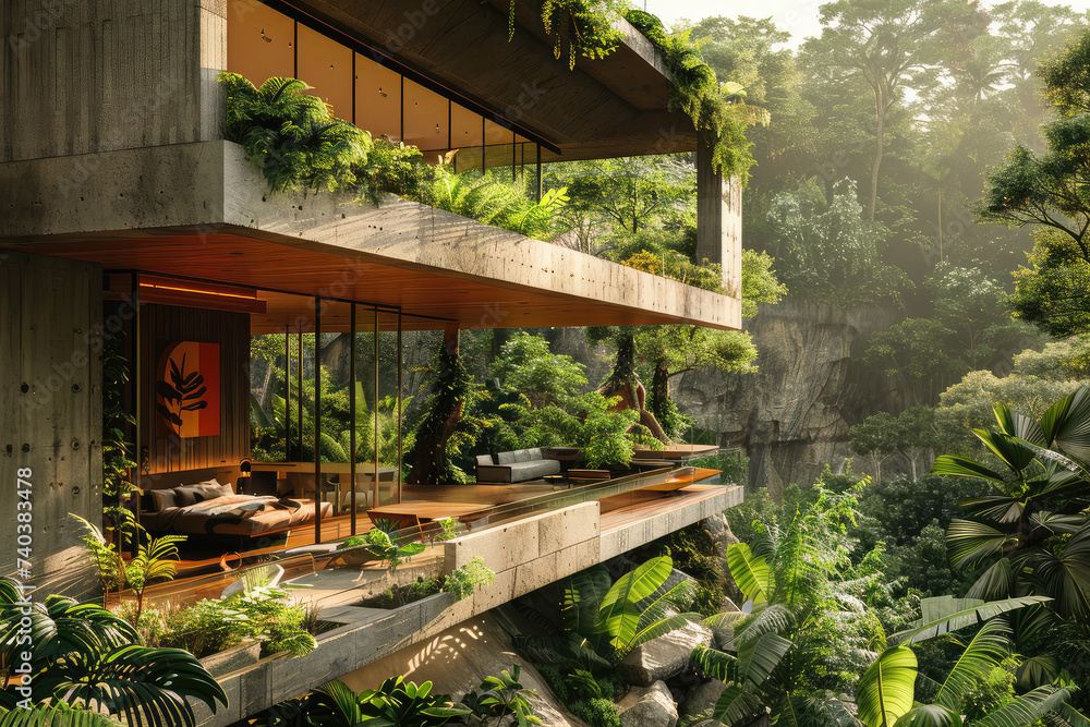 The house overlooks a ravine filled and junglelike foliage. Generative AI. The house overlooks a ravine filled and junglelike foliage. Generative AI.