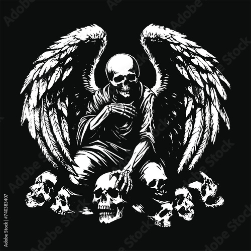 Dark Art Skull Angel Face with Wings Horror Grunge Vintage Tattoo illustration black white
