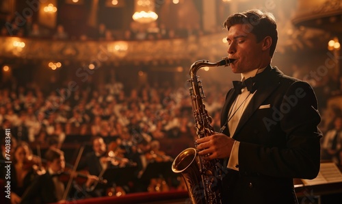 A young man is playing saxophone with an orchestra on a stage of a beautiful theater photo