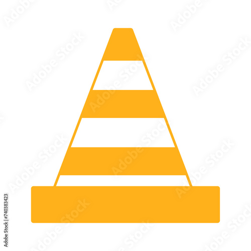 a yellow and white striped traffic cone on a white background