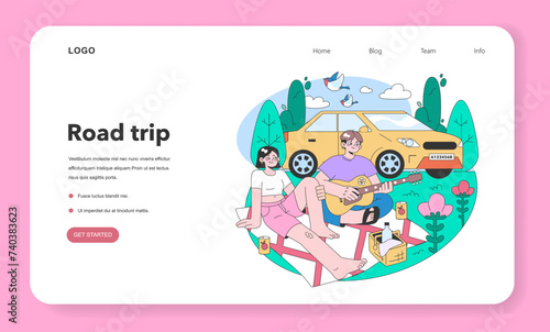 Road trip web banner or landing page. Young people or family