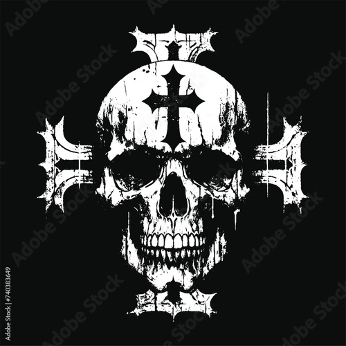 Dark Art Skull Head With Cross Sign Bone Tattoo Grunge Vintage horror illustration black white