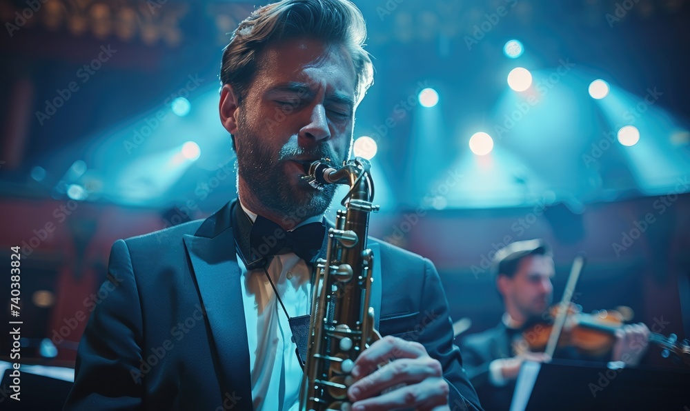 A young man is playing saxophone with an orchestra on a stage of a beautiful theater - obrazy, fototapety, plakaty 