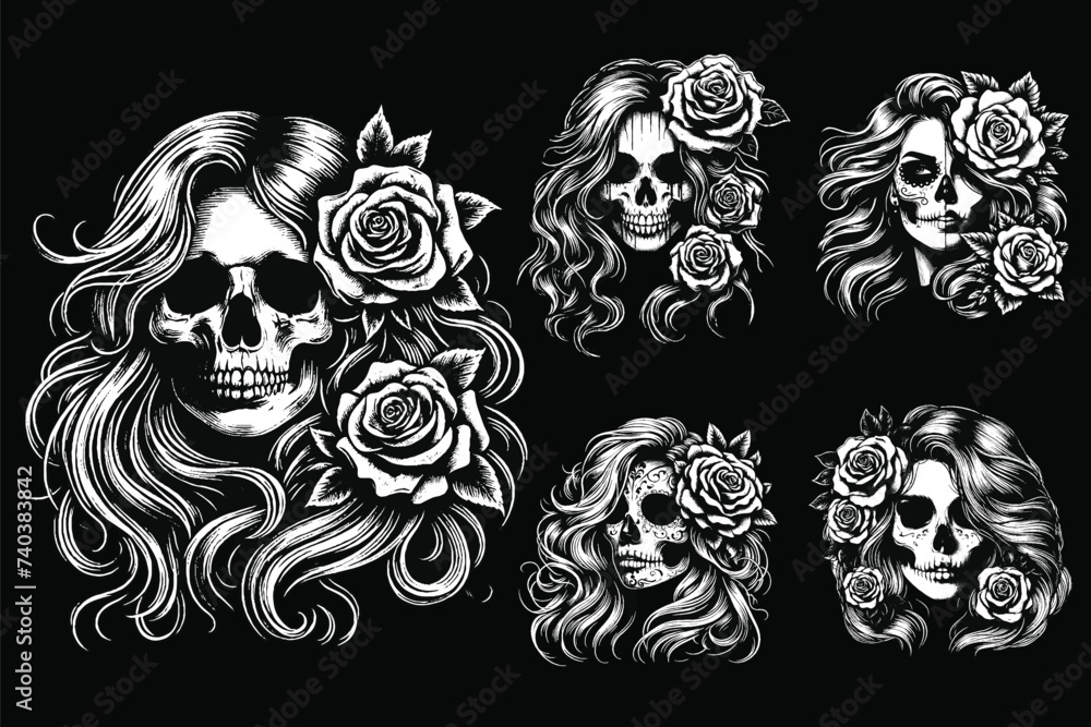Φωτογραφία Set Dark Art Skull Girl with Long Hair Rose Woman Grunge Vintage Tattoo illustra
