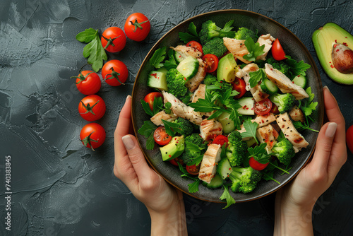 Woman's hands holding a bowl with salad with tomatoes, chicken, avocado, green leaves, top view of only hands with space for text or inscriptions, healthy eating theme.isolated.generative ai