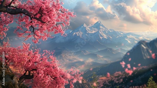 Pink Flowers Blooming on Tree With Mountains in Background © ISK PRODUCTION