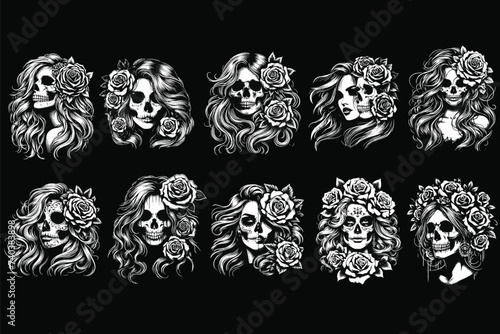 Set Bundle Dark Art Skull Girl with Long Hair Rose Woman Grunge Vintage Tattoo illustration black white