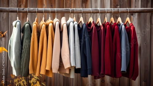 Clothes hanging in row. Many clothes for autumn or fall season