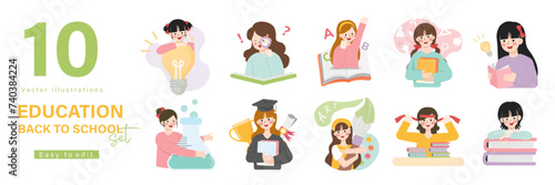 Education concept illustrations. Set of people vector illustrations in various activities of education, learning, reading book, online course and training, back to school.