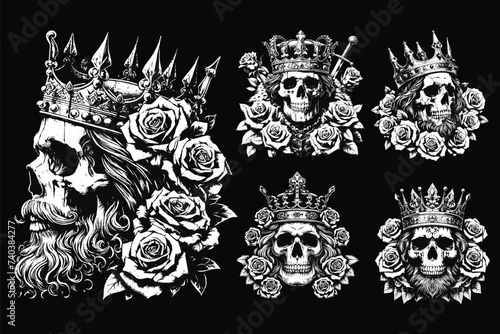 Set Dark Art Skull King Crown Throne with Roses Vintage Grunge Tattoo illustration black white