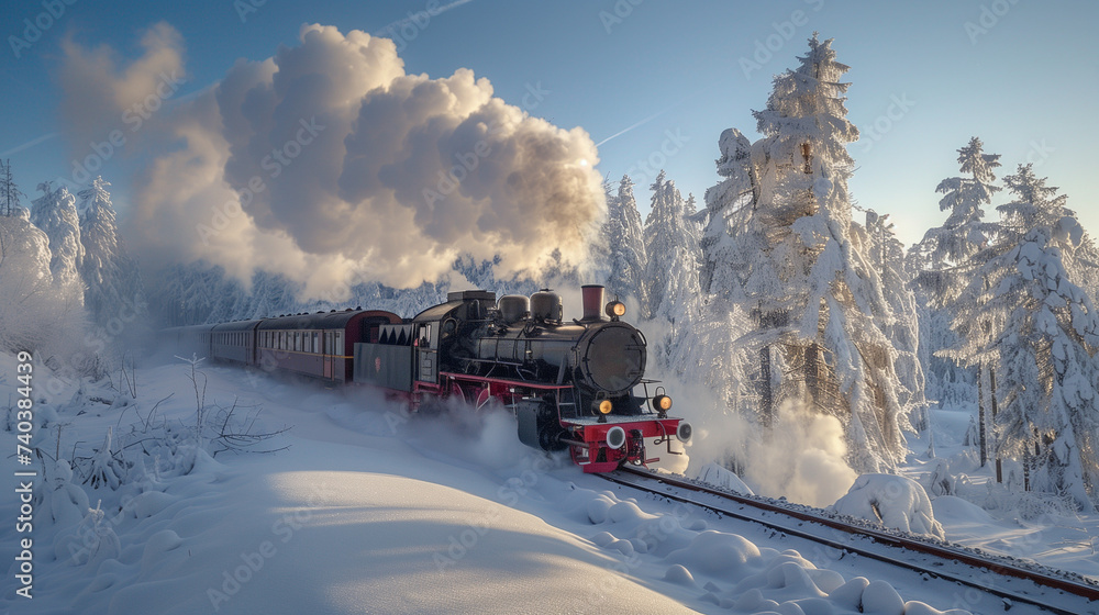 black steam locomotive in the snowy landscape forest mountains of Harz Germany in winter with snow,  Steam engine train in Harz Region in the mountains