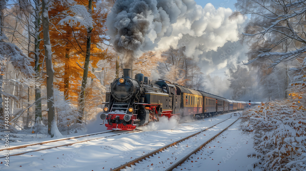 Obraz premium black steam locomotive in the snowy landscape forest mountains of Harz Germany in winter with snow, Steam engine train in Harz Region forest