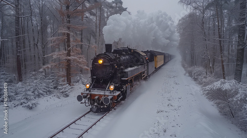 black steam locomotive in the snowy landscape forest mountains of Harz Germany in winter with snow, Steam engine train in Harz Region
