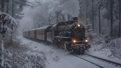 black steam locomotive in the snowy landscape forest mountains of Harz Germany in winter with snow, Steam engine train in Harz Region, snow weather