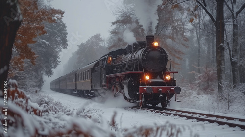 black steam locomotive in the snowy landscape forest mountains of Harz Germany in winter with snow, Steam engine train in Harz Region at a cloudy day