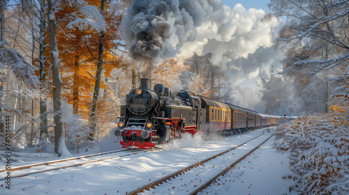 black steam locomotive in the snowy landscape forest mountains of Harz Germany in winter with snow, Steam engine train in Harz Region forest