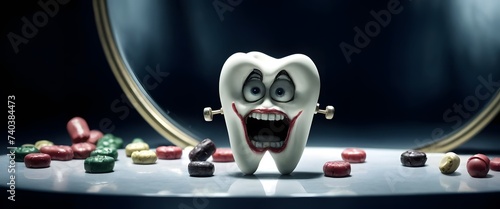 A jaw with a face on it, resembling a fictional character, stands on a table surrounded by gum. The scene is a unique art event with a dark ambiance