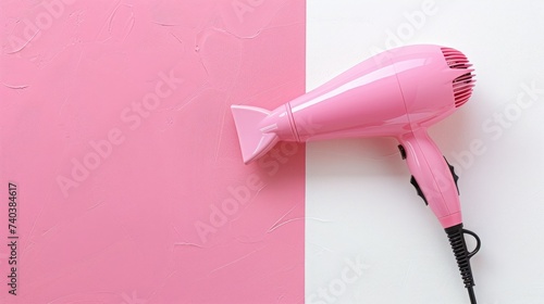 Pink hair dryer on pink and white background