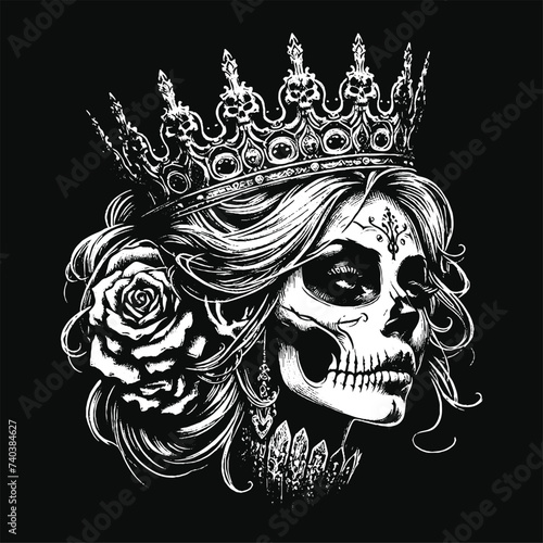 Dark Art Skull Queens Girl Lady with Rose and Crown Horror Grunge Vintage Tattoo illustration Black White