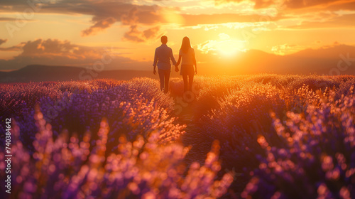 a couple walking in a lavender field at sunset, man and woman on vacation in France Provence Valensole watching the sunset