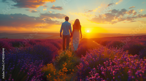 a young couple walking in a lavender field at sunset, man and woman on vacation in France Provence Valensole