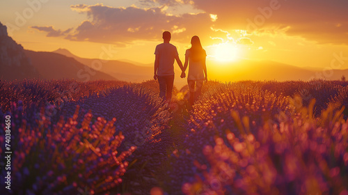 a couple walking in a lavender field at sunset  man and woman on vacation in France Provence Valensole