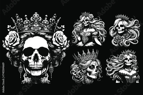 Set Dark Art Skull Queens Girl Lady with Rose and Crown Horror Grunge Vintage Tattoo illustration Black White