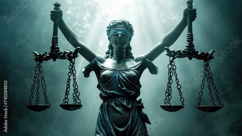 Symbolic scales of justice Themis: legal balance, fairness, and morality in the courtroom, a representation of virtue, ethics, and impartiality in the legal system photo