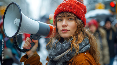 A female activist protesting with a megaphone during a strike with a group of demonstrators in the background. Women protesting in the city. in winter