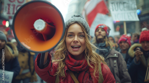 A female activist protesting with a megaphone during a strike with a group of demonstrators in the background. 