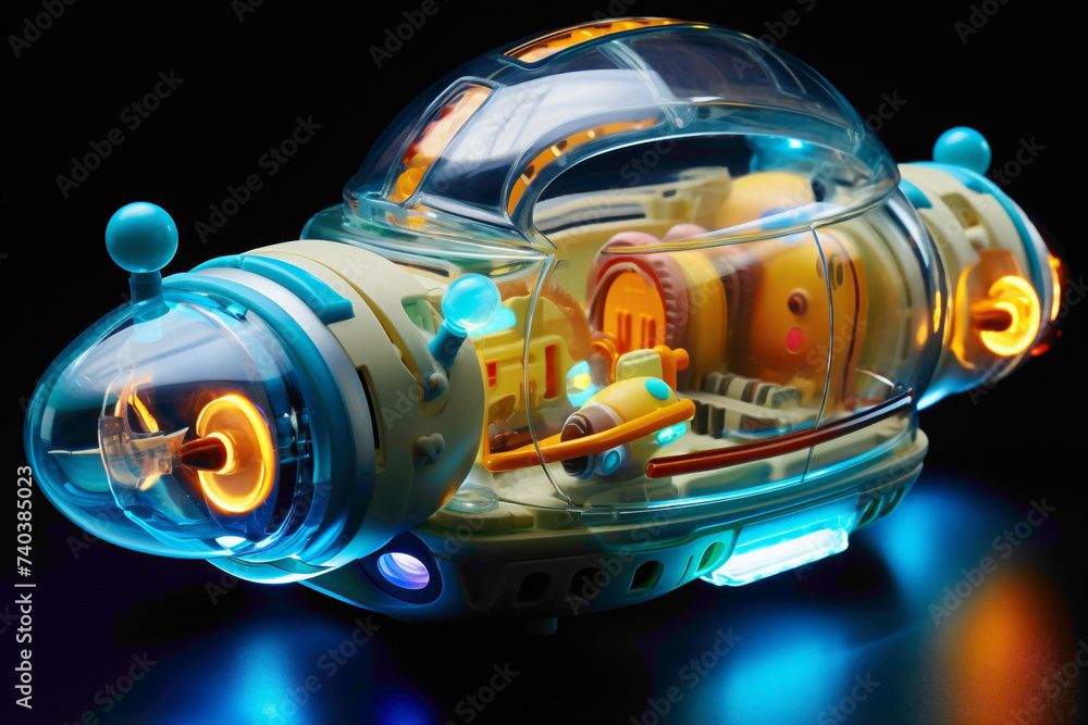A futuristic spaceship toy, complete with flashing lights and movable parts, ready to take young adventurers on an intergalactic journey.