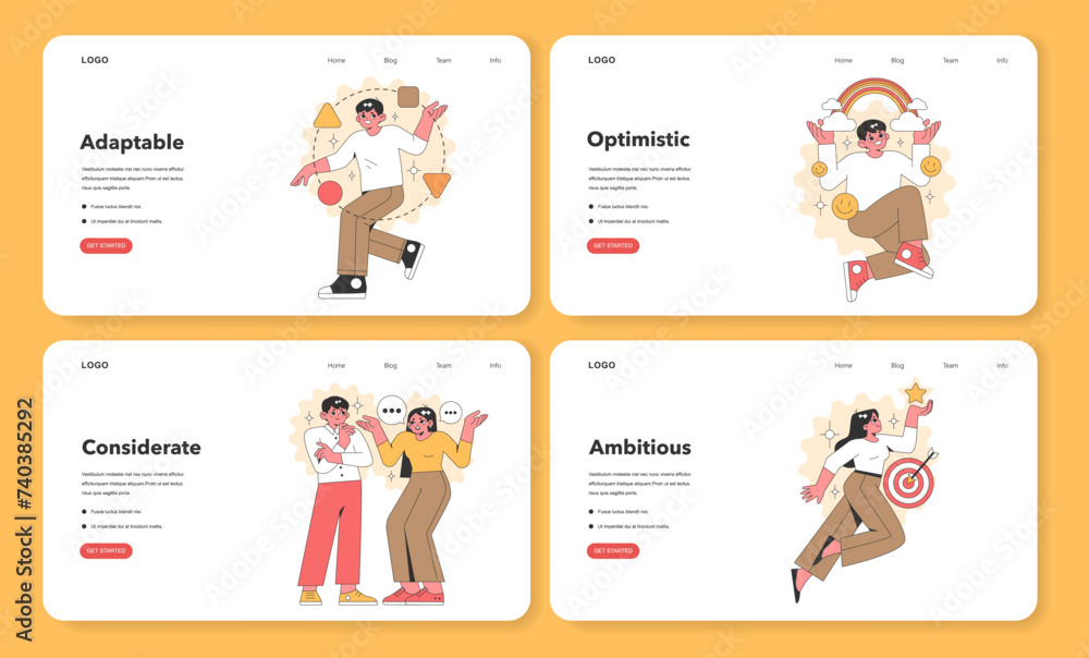 A website layout with lively vector illustrations depicting positive traits: adaptability, optimism, consideration, and ambition, perfect for engaging users.
